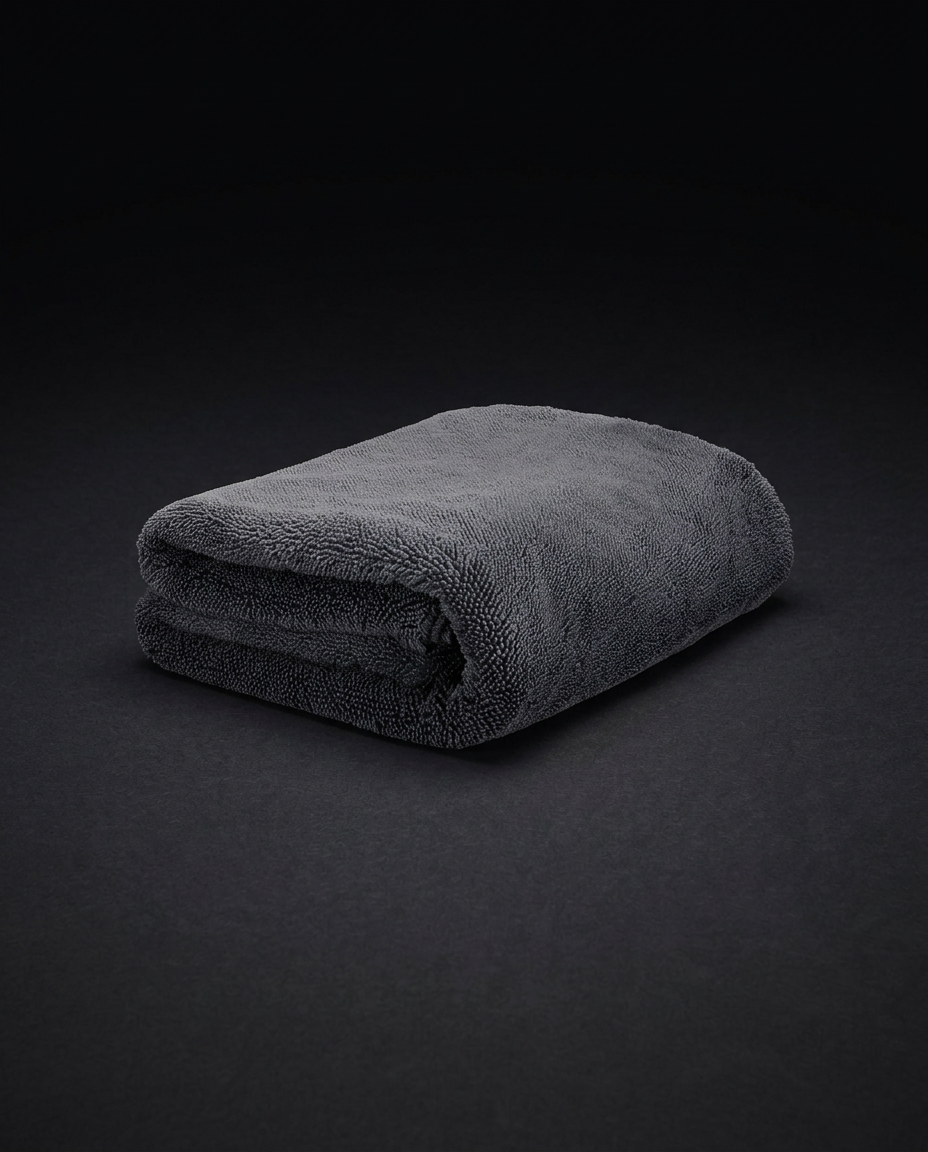 Folded charcoal VELOCE microfiber drying towel