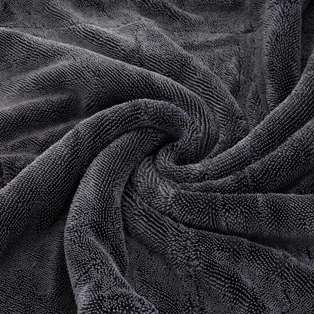Close-up of the dense charcoal microfiber loop texture